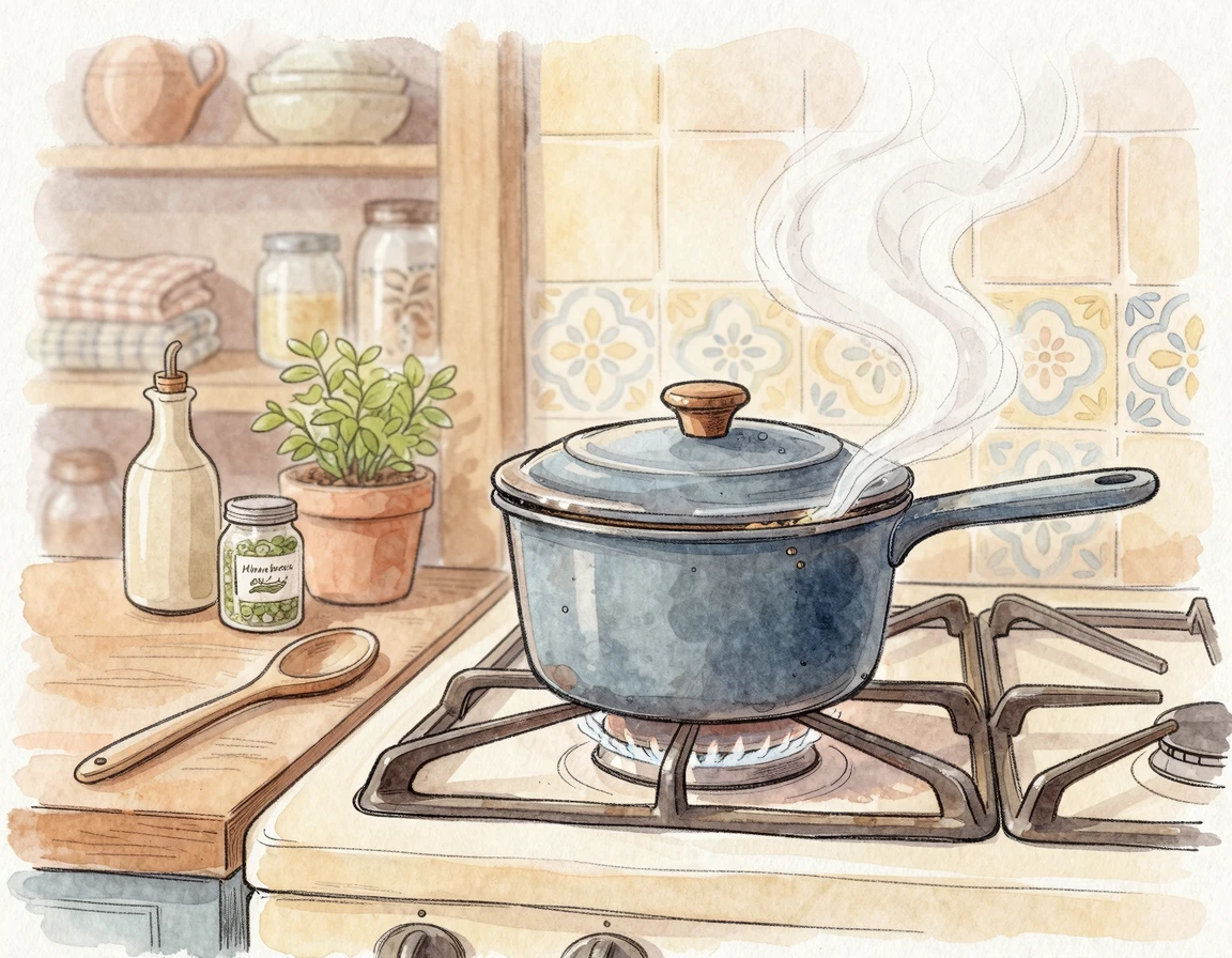 불을 끄고 뚜껑을 덮어 뜸을 들이는 냄비