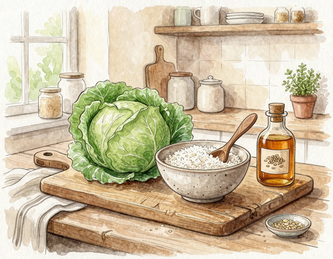 과민성 대장 증후군 레시피를 위해 도마 위에 놓인 싱싱한 양배추와 밥, 참기름 일러스트