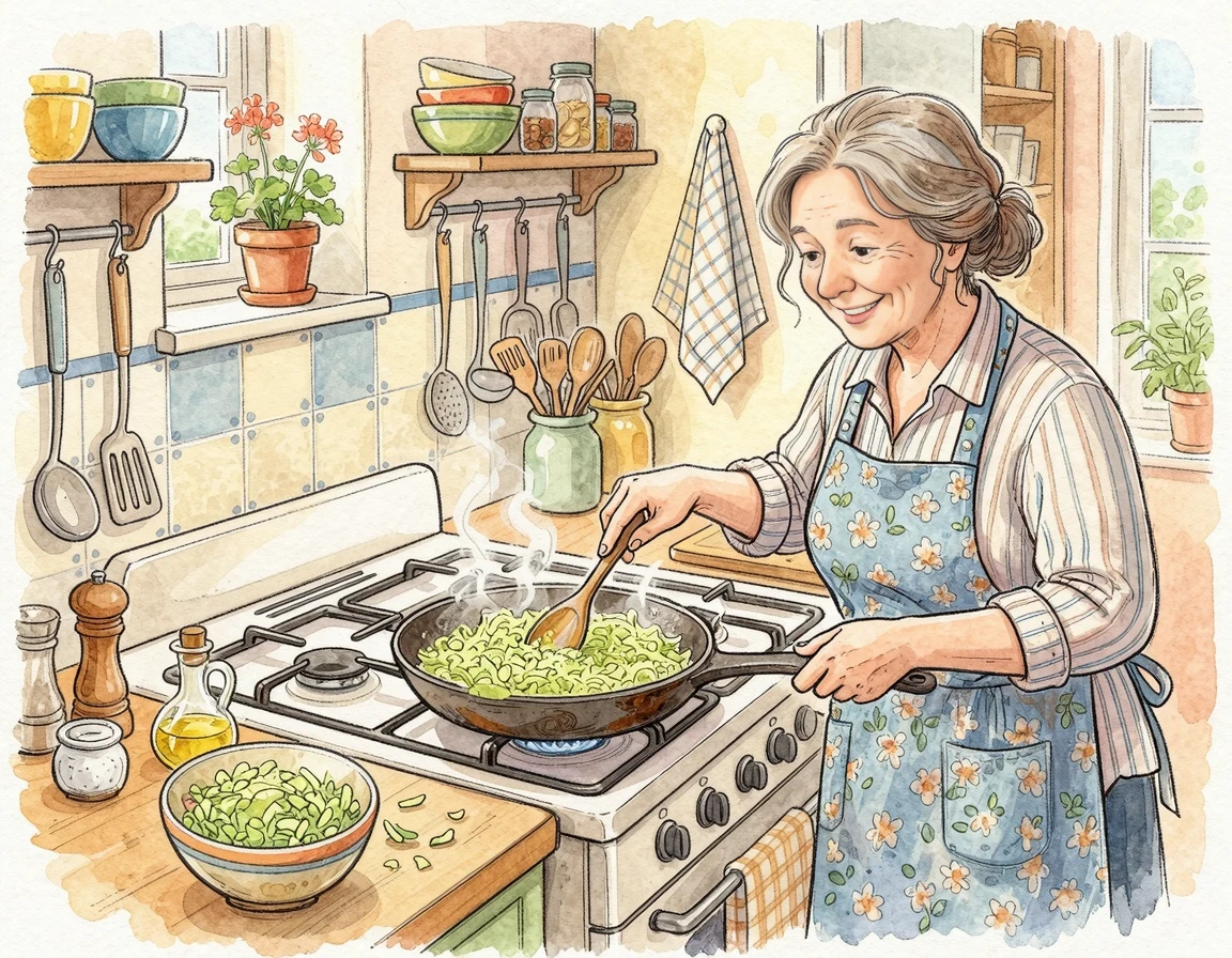 프라이팬에 채 썬 양배추를 볶고 있는 요리 과정 일러스트