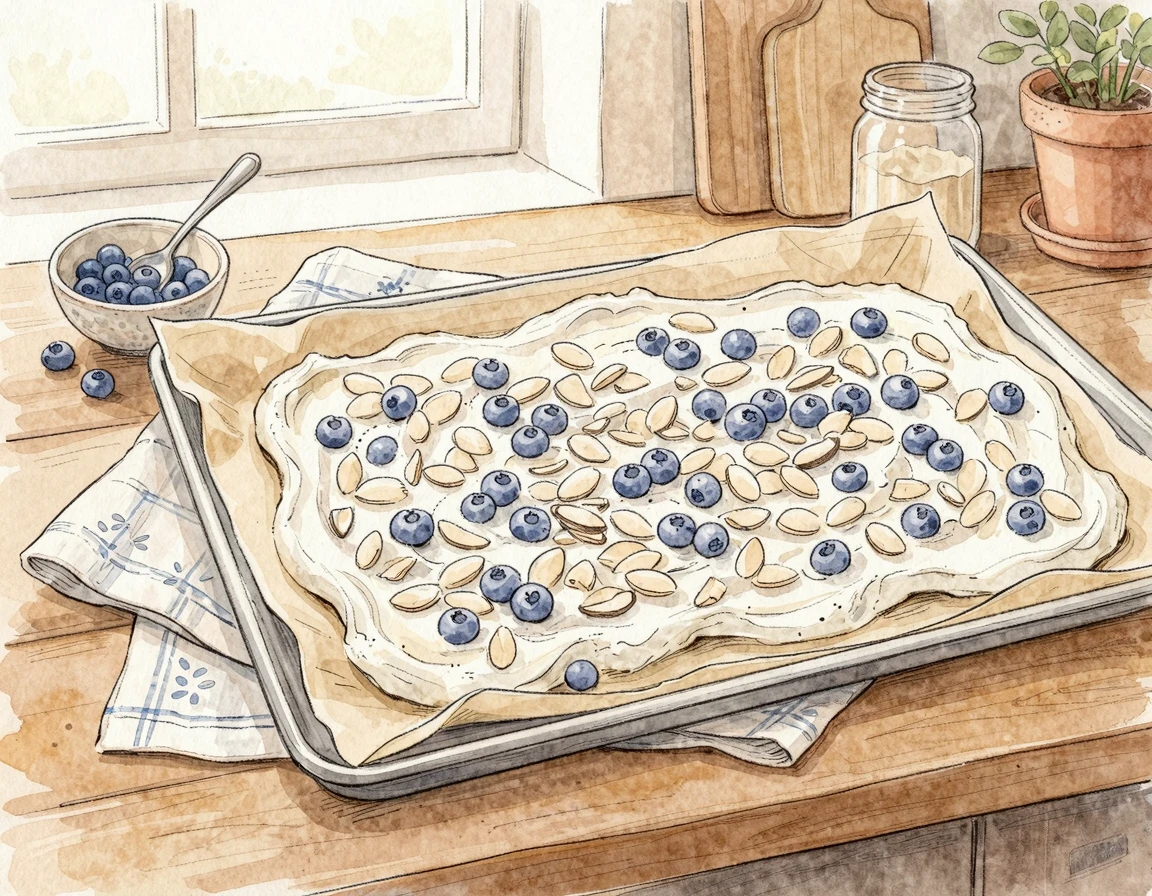 종이 호일 위에 요거트와 토핑이 올려져 얼기 전 상태의 바크 일러스트