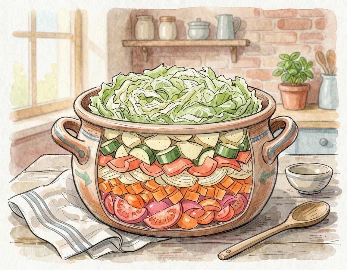 냄비에 층층이 쌓인 야채들