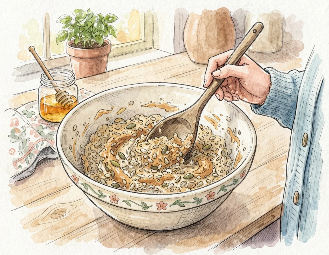 씨앗과 오트밀로 에너지바 반죽을 만드는 과정