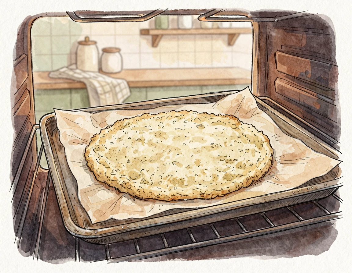 에어프라이어용 팬에 구워진 컬리플라워 피자 도우