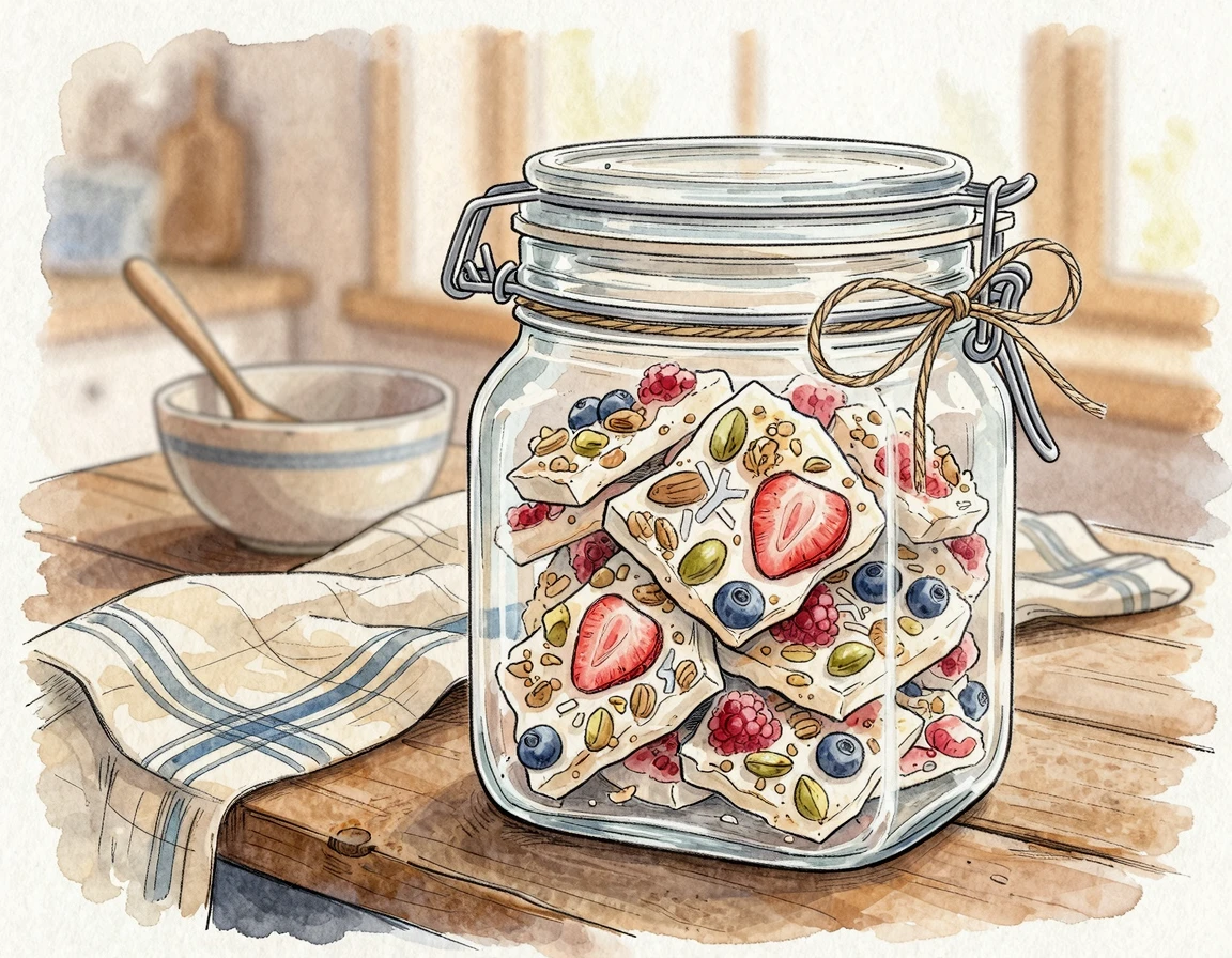 먹기 좋게 부서진 요거트 바크가 밀폐용기에 담긴 일러스트