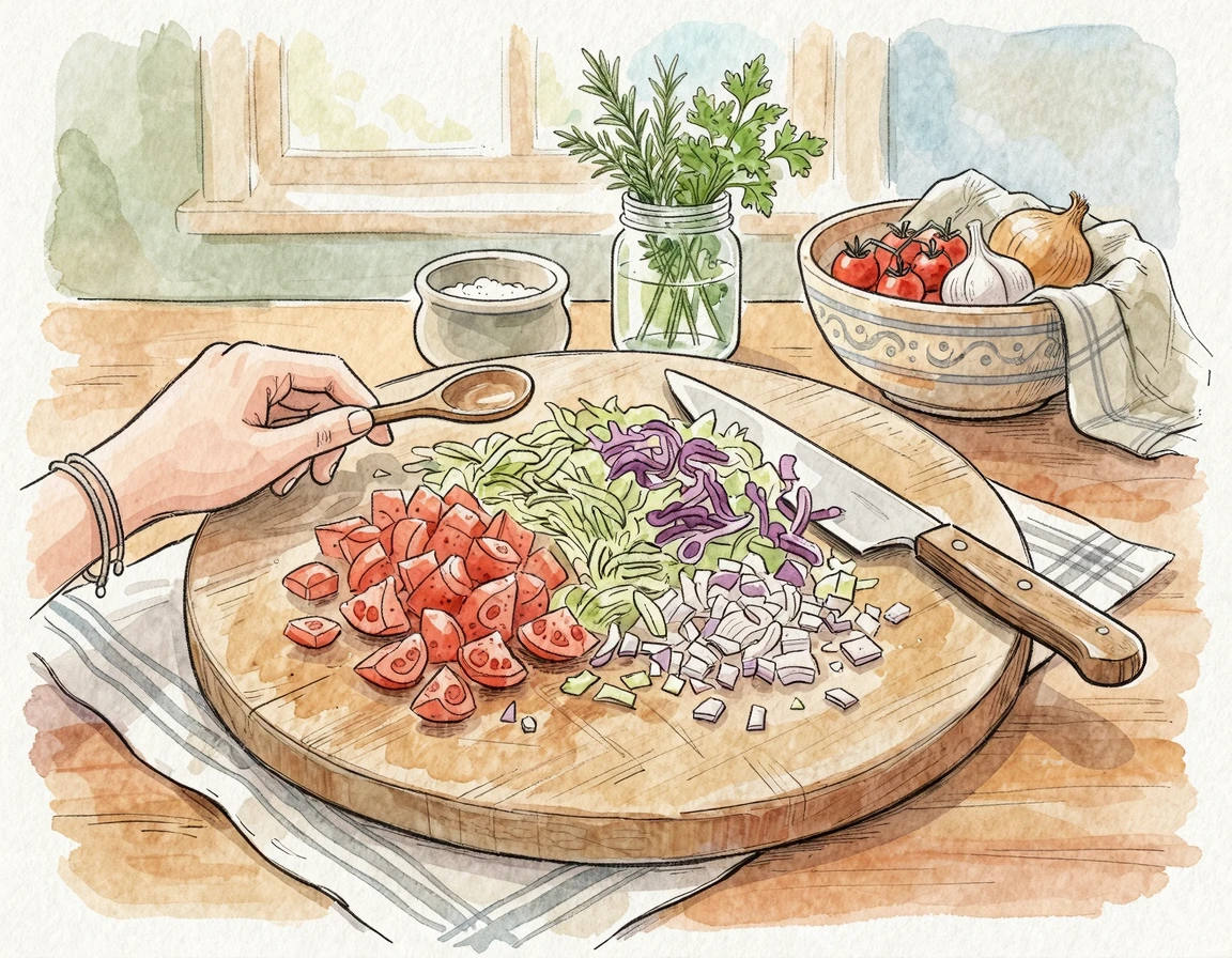 무수분 토마토 야채스프 레시피를 위해 도마 위에 큼직하게 썰린 야채들