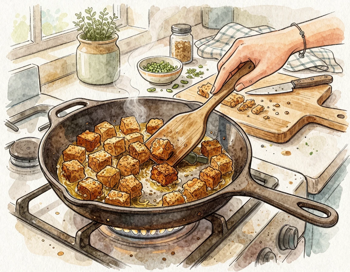 프라이팬에 식물성 단백질이 들어간 템페를 굽는 모습