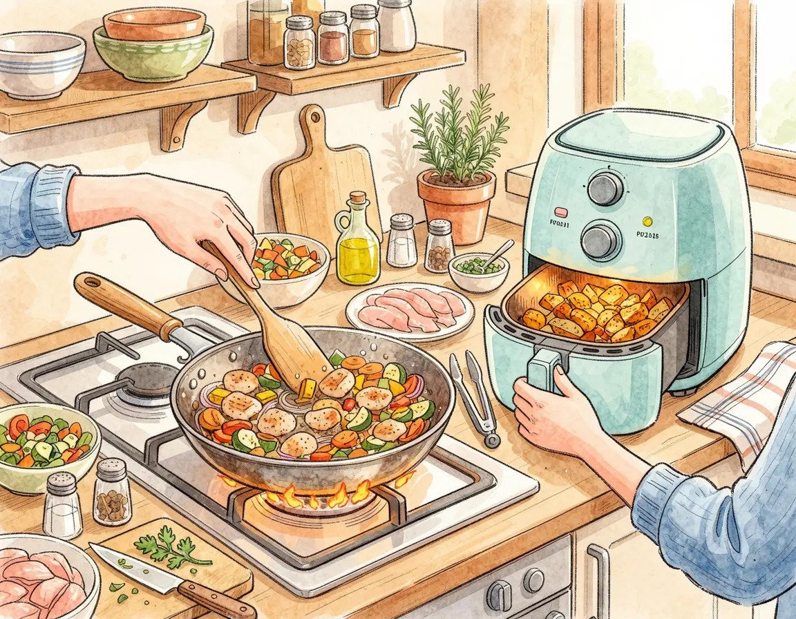 프라이팬과 에어프라이어를 활용해 한 번에 조리하는 과정