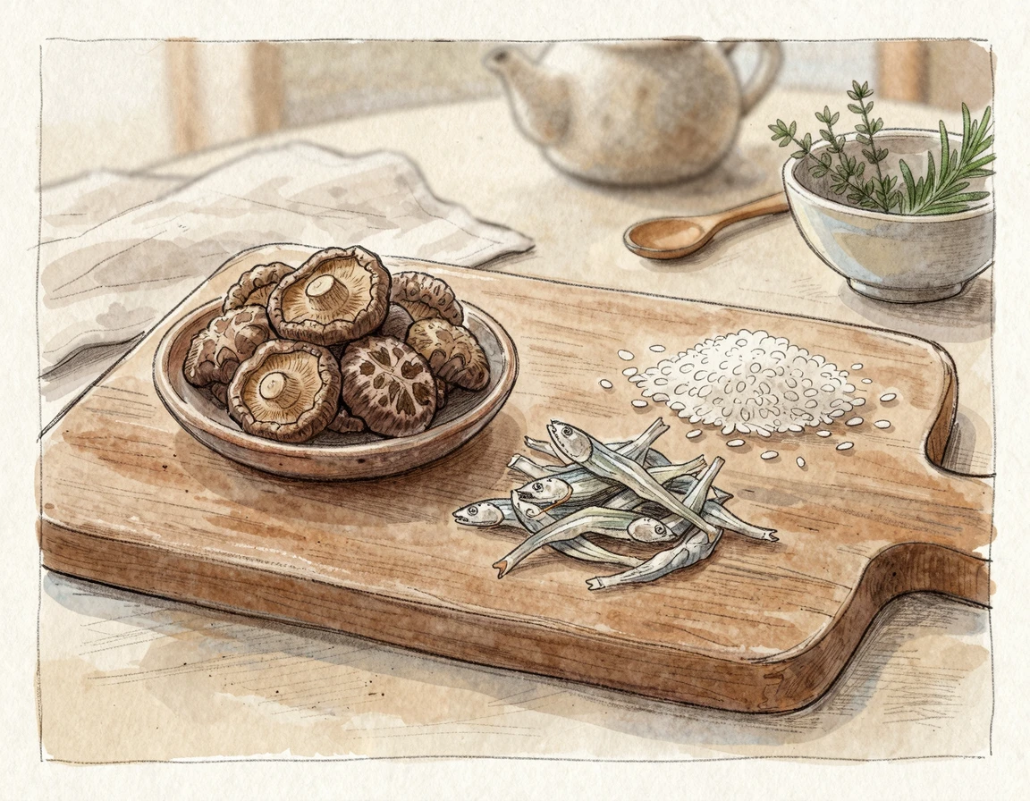 말린 표고버섯, 칼슘 가득 잔멸치, 쌀이 도마 위에 놓인 일러스트