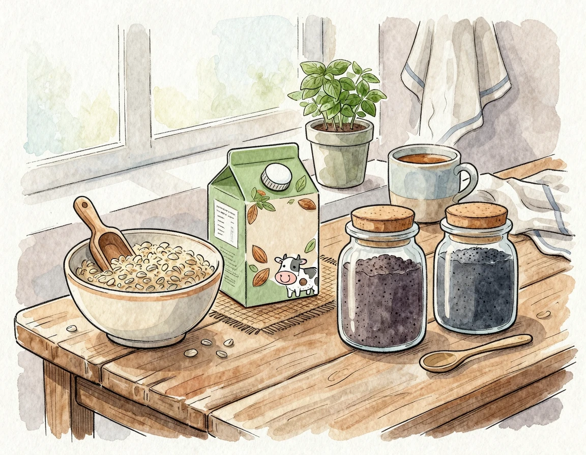 오트밀, 검은콩 가루, 흑임자, 아몬드 밀크가 놓인 따뜻한 느낌의 테이블