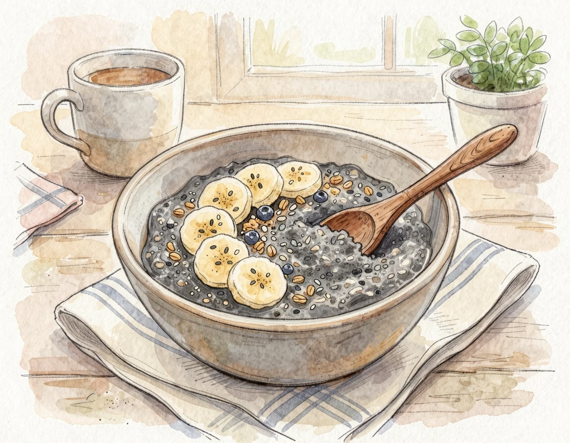 바나나가 토핑된 꾸덕한 검은콩 흑임자 오트밀 죽 한 그릇