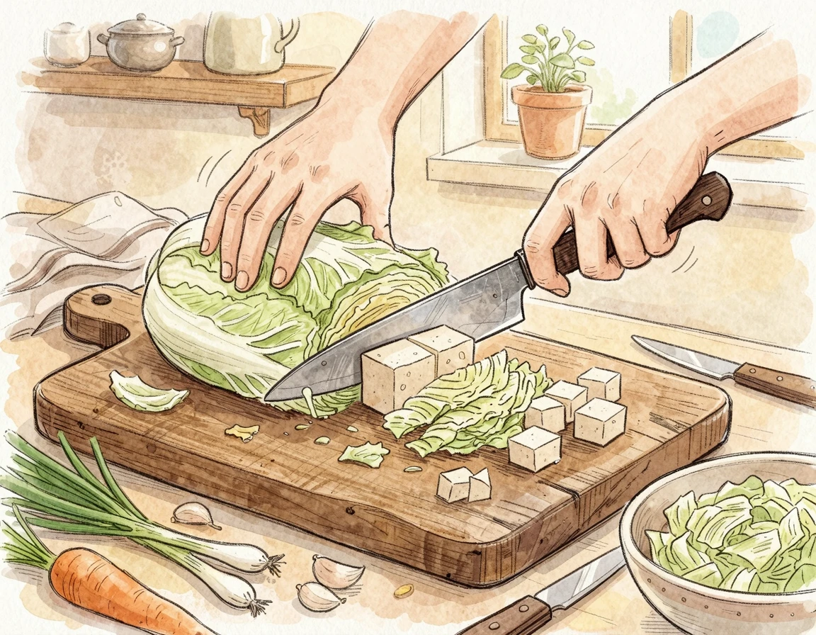 전골용 채소와 두부 손질하는 모습