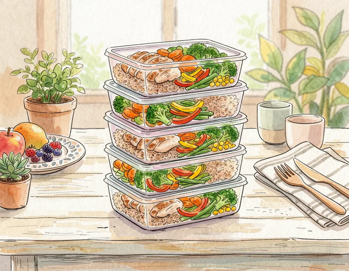 일주일 치 식단이 깔끔하게 담긴 5개의 밀프렙 도시락