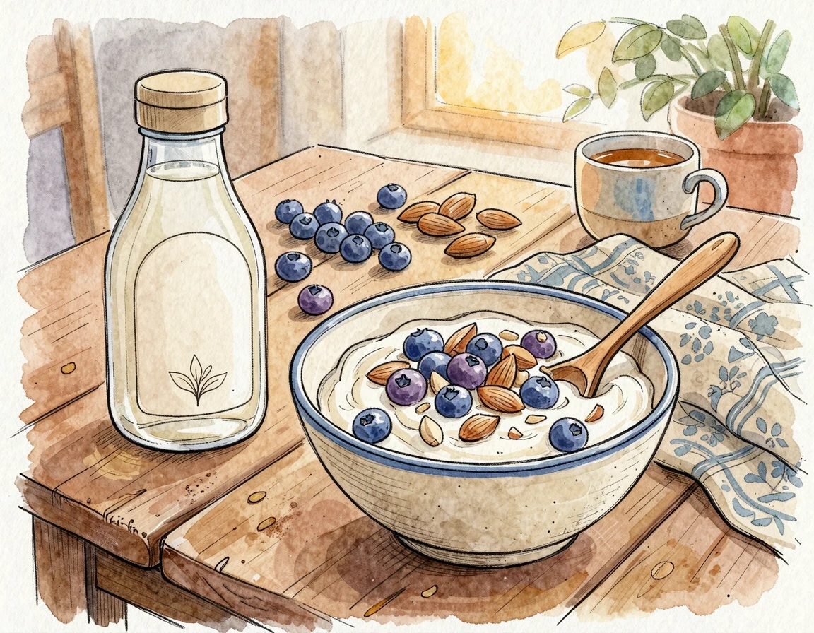 다이어트를 위해 그릭요거트, 알룰로스, 블루베리와 아몬드가 놓인 테이블 일러스트