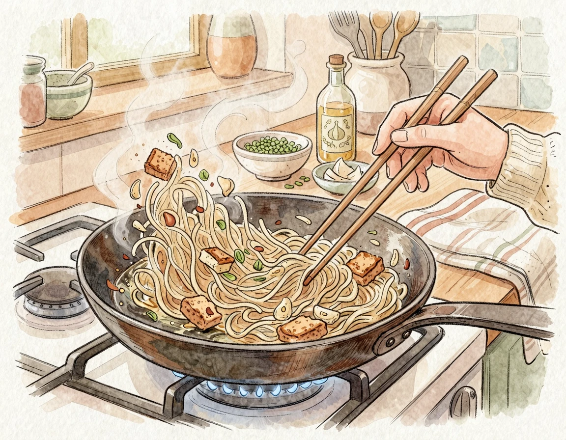 마늘 기름에 두부면을 볶는 과정