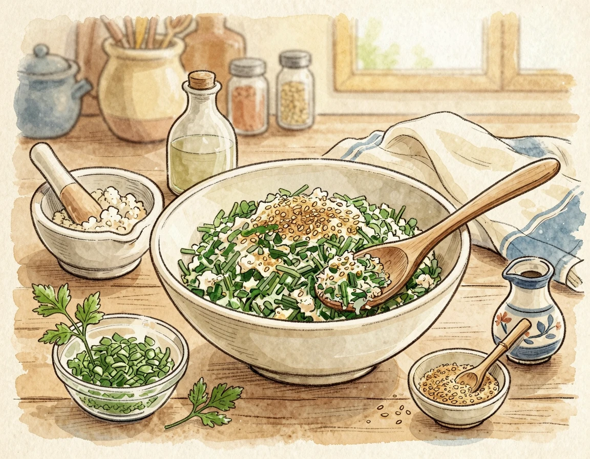 볼에 담긴 먹음직스러운 미나리 두부무침