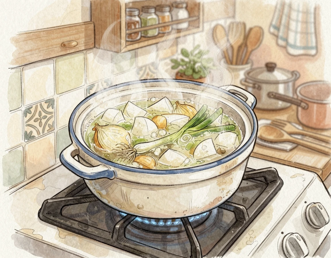 냄비에 무와 양파, 파뿌리를 넣고 채수를 끓이는 모습