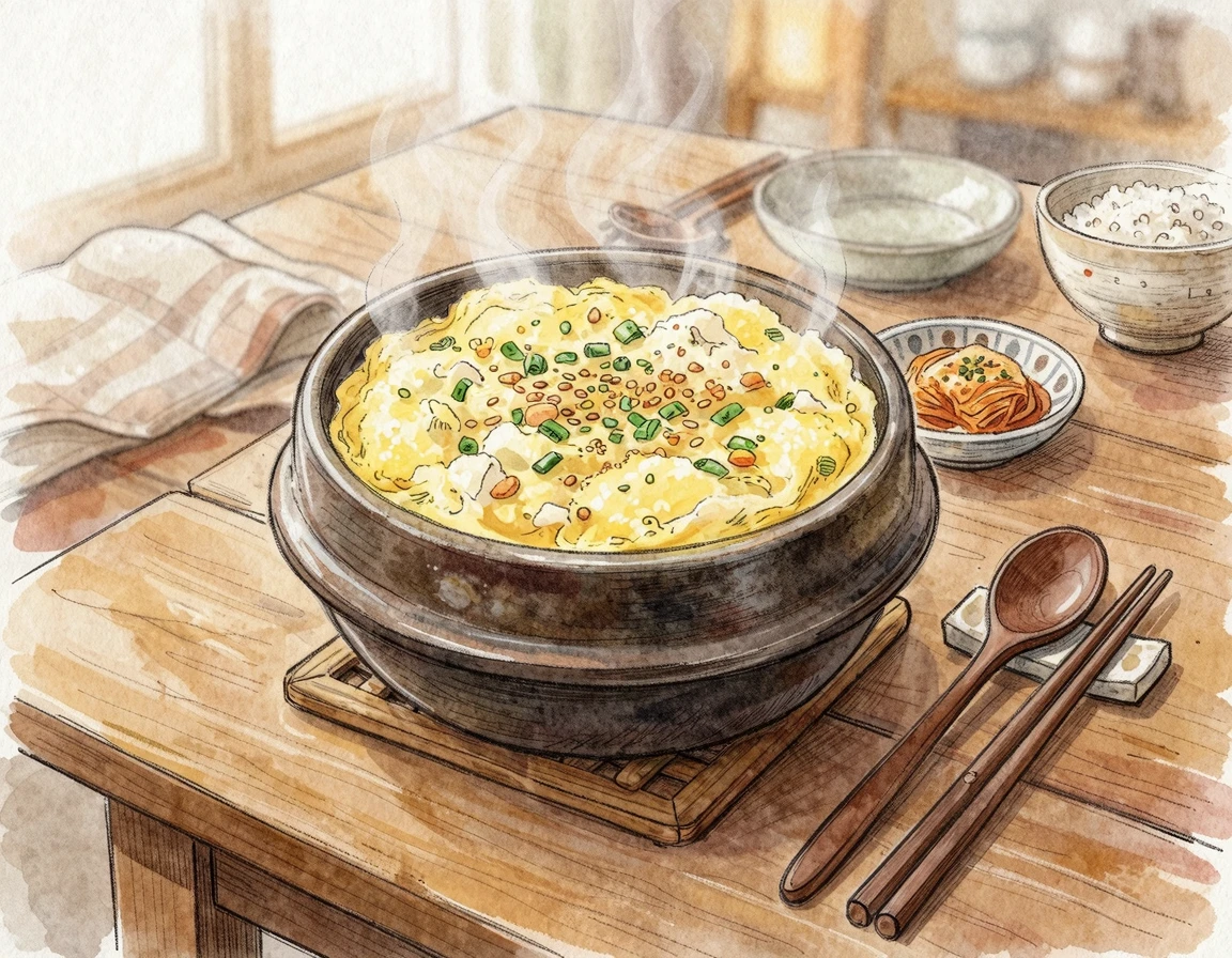 김이 모락모락 나는 먹음직스러운 명태살 순두부 계란찜 뚝배기 일러스트