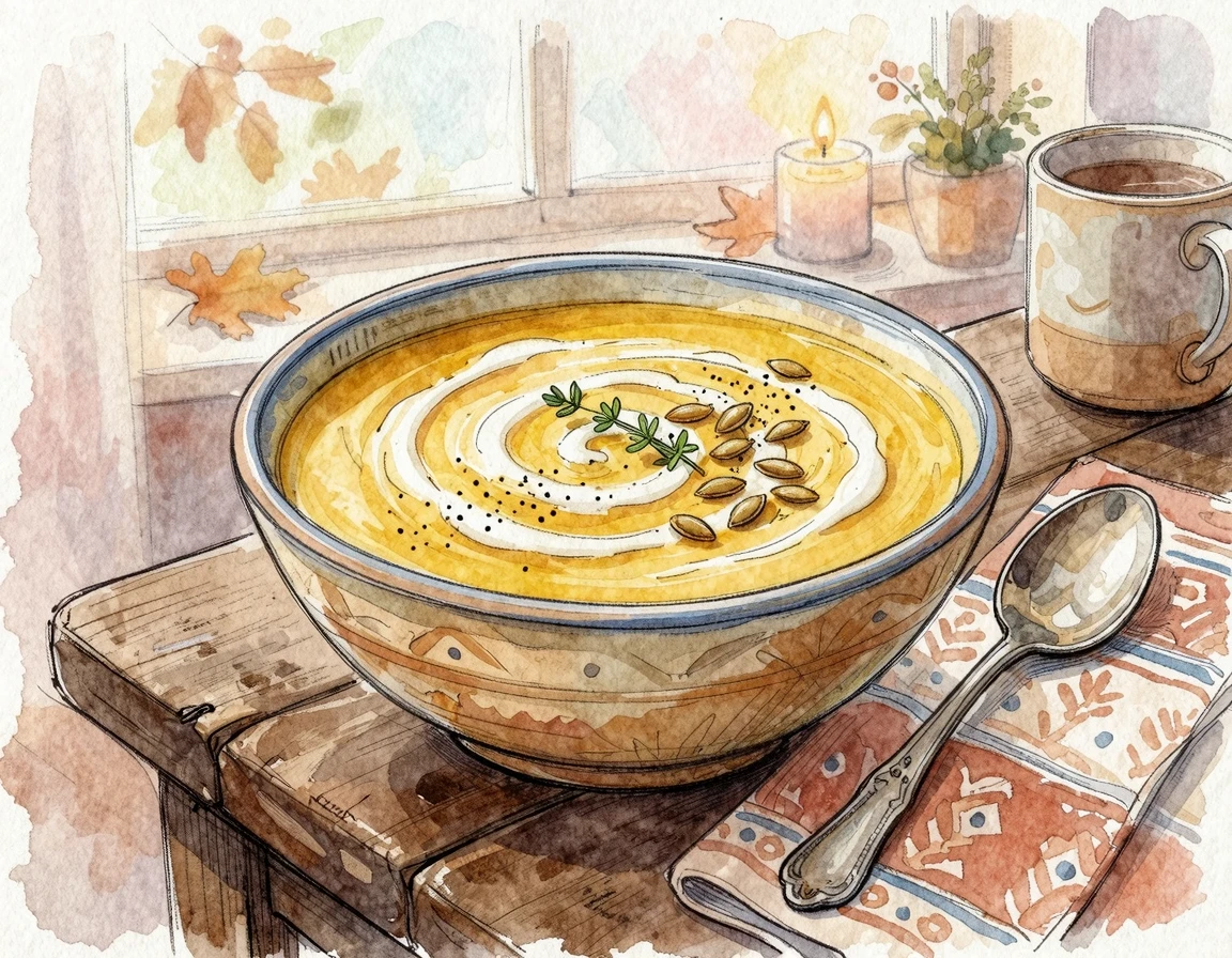 부드러운 크림이 올려진 따뜻한 단호박 연두부 포타주 일러스트