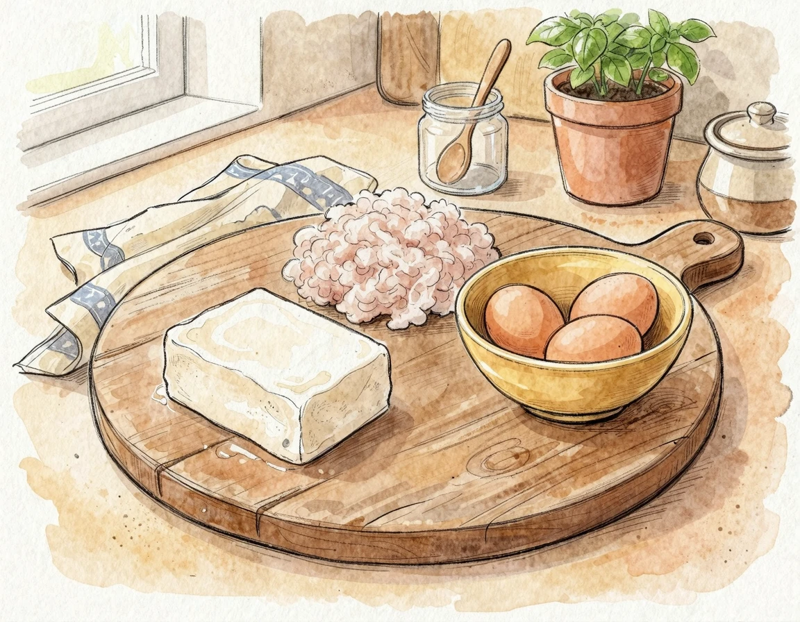 순두부, 다진 명태살, 계란이 준비된 도마 위 요리 재료 일러스트