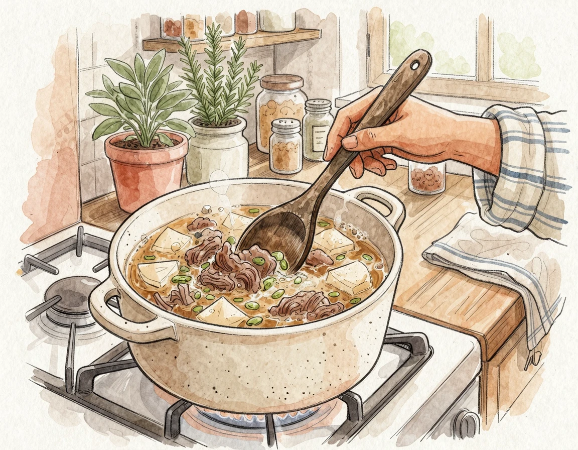 냄비에 소고기와 무를 넣고 볶는 일러스트