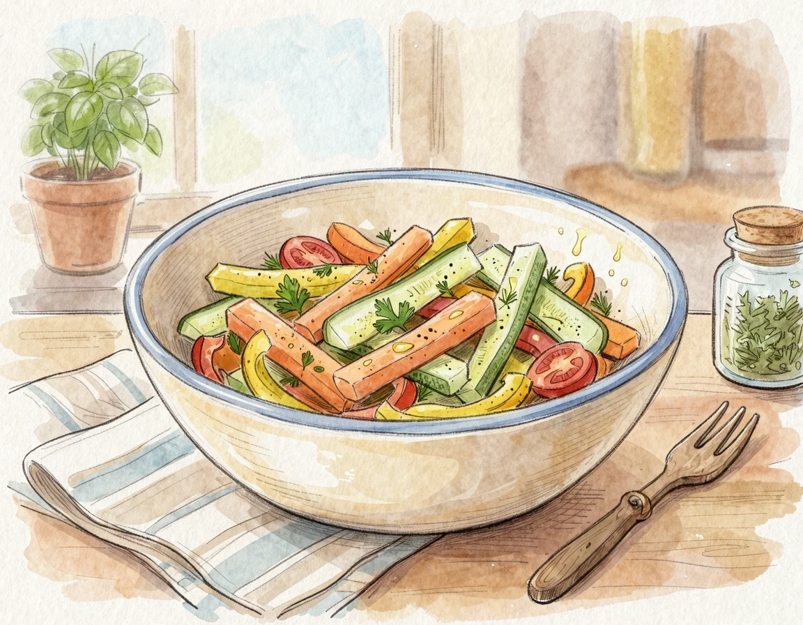 볼에 담겨 올리브오일과 버무려지는 스틱 모양의 야채 일러스트
