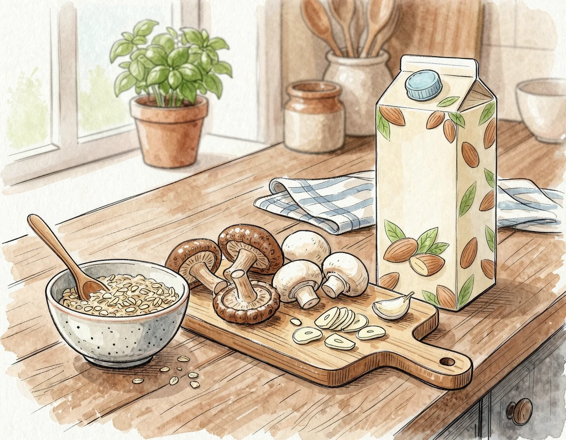 귀리, 버섯, 마늘, 아몬드유가 정갈하게 놓인 조리대