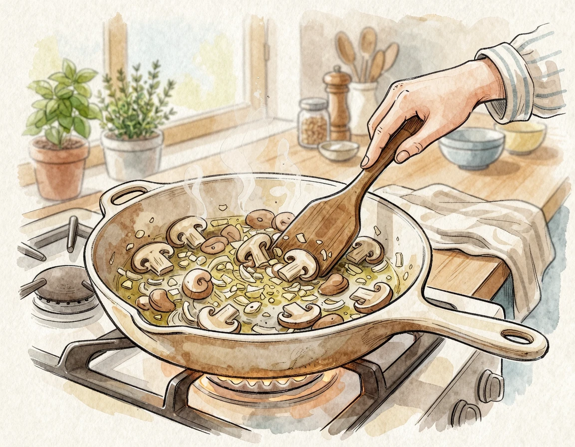 프라이팬에서 나무 주걱으로 볶아지고 있는 버섯과 양파, 마늘