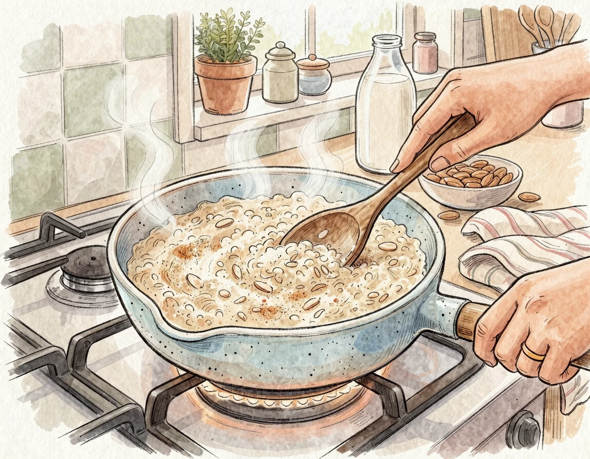 아몬드유와 귀리가 보글보글 끓으며 꾸덕해지는 리조또 조리 과정