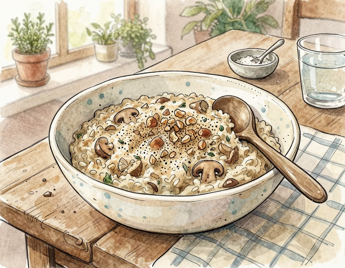 견과류와 후추가 뿌려진 먹음직스러운 오트밀 버섯 리조또