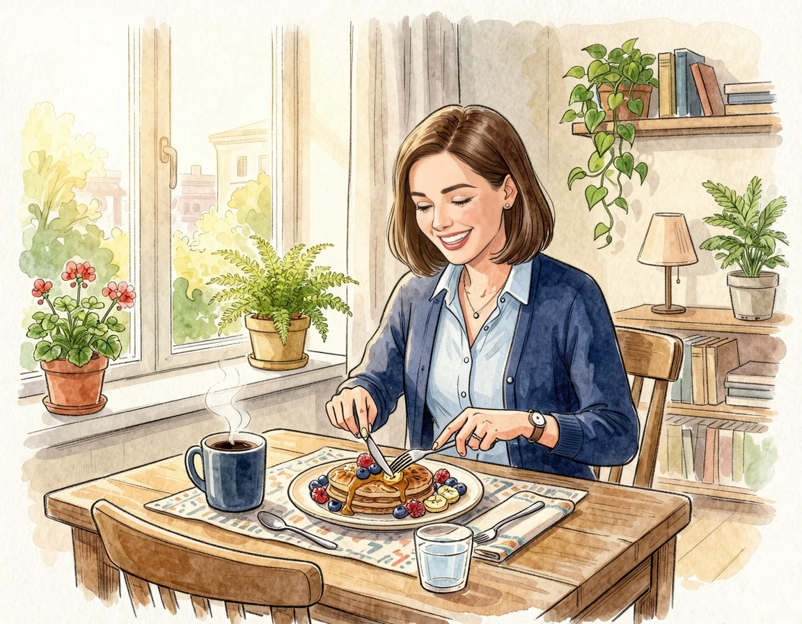 아침 식사로 건강한 팬케이크를 즐기는 30대 직장인 여성