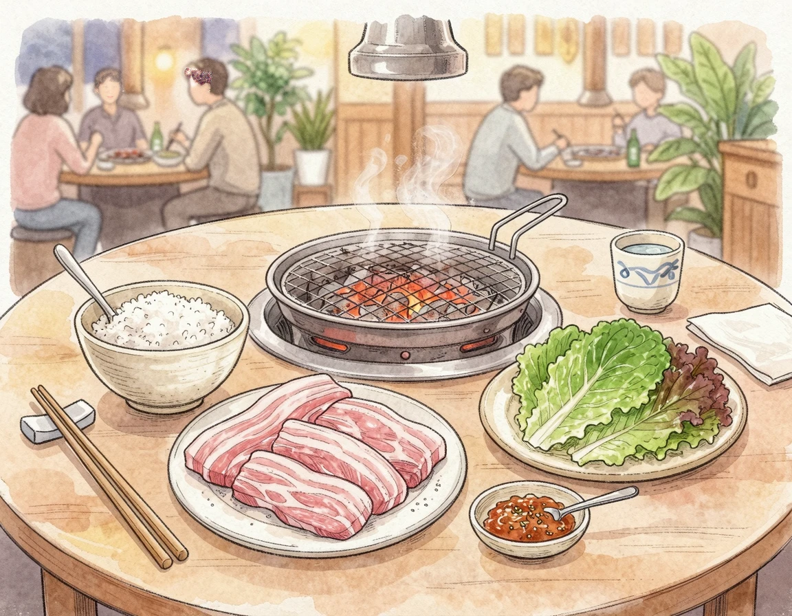 양념 없는 생고기 구이와 흰쌀밥이 차려진 건강한 외식 상차림