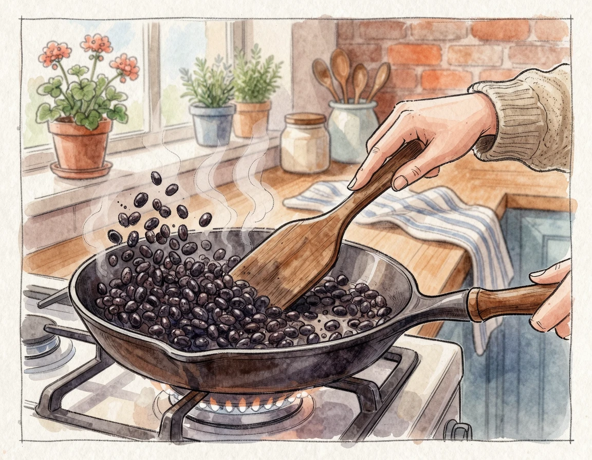 마른 프라이팬에 나무 주걱으로 검은콩을 볶고 있는 모습