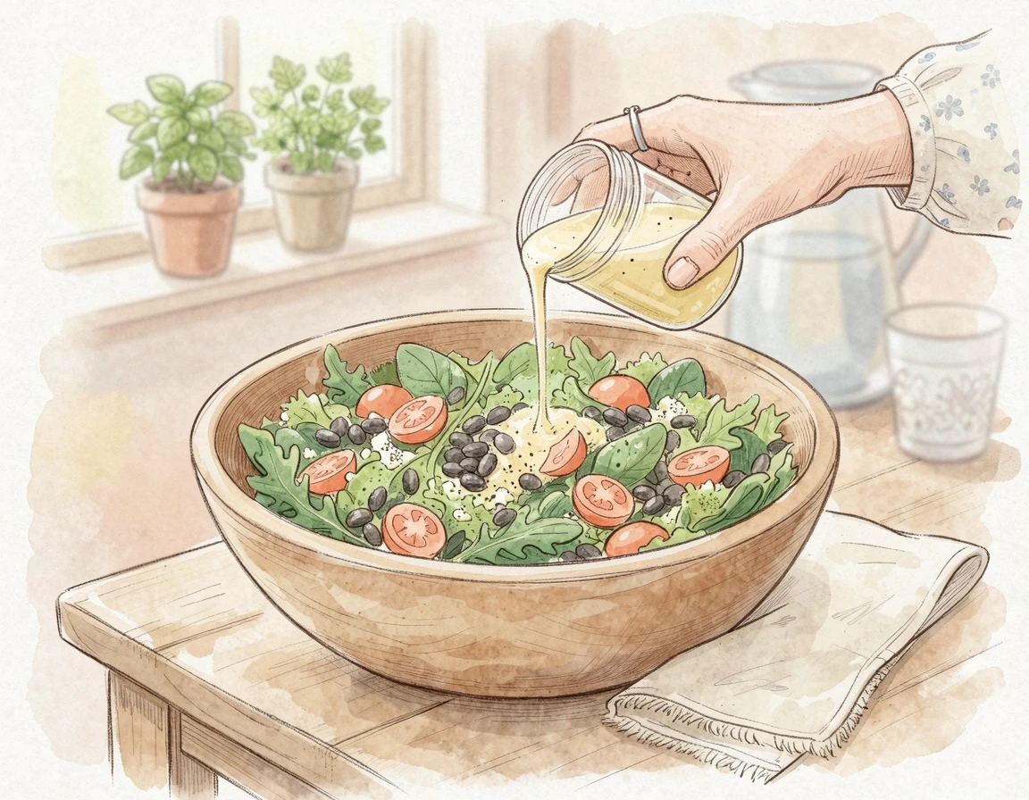 신선한 채소와 볶은 검은콩이 담긴 그릇에 드레싱을 뿌리는 모습