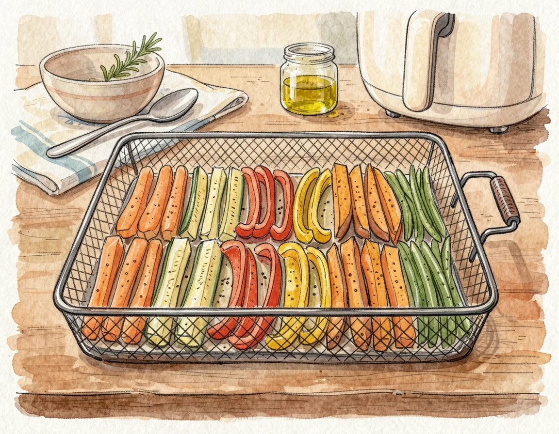 에어프라이어 바스켓 안에 가지런히 펼쳐진 야채 스틱 일러스트