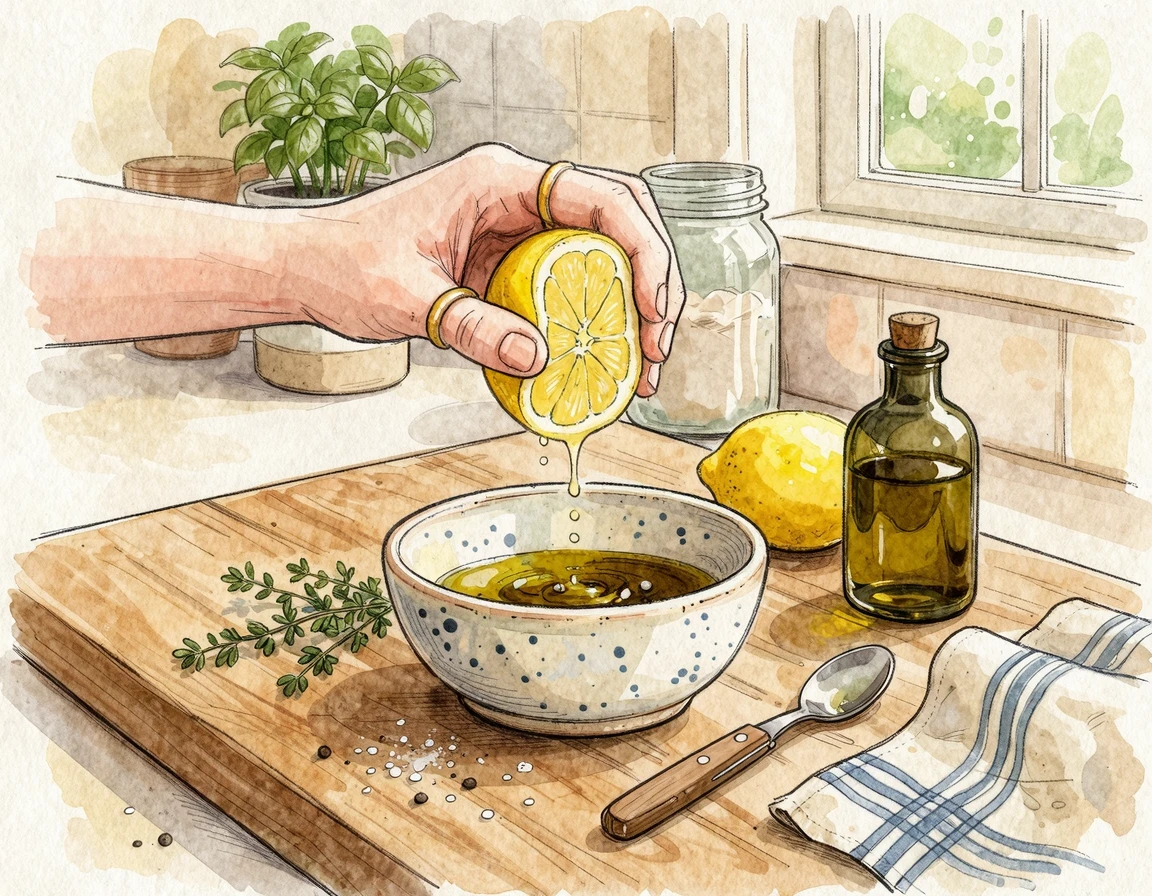 레몬즙을 짜서 드레싱을 만드는 모습 일러스트