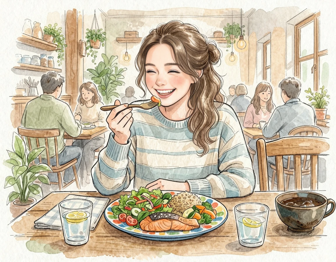 식당에서 국물을 남기고 건더기 위주로 식사하는 직장인 일러스트