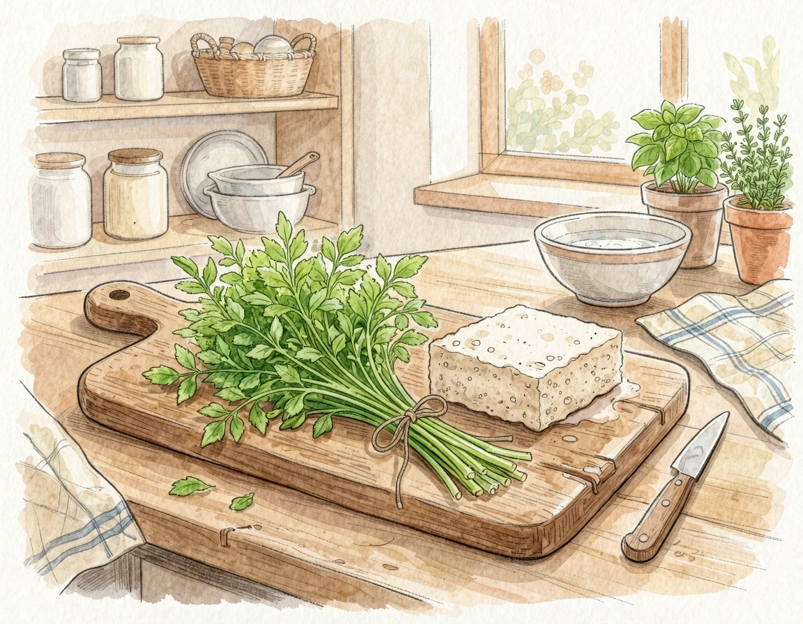 도마 위에 놓인 신선한 미나리와 두부