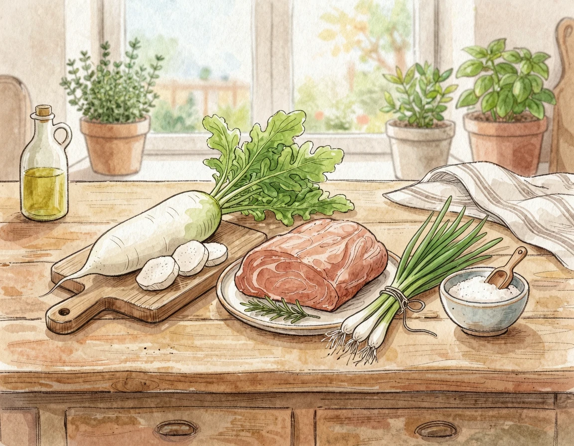 무, 소고기, 대파, 정제염이 놓인 주방 조리대 일러스트