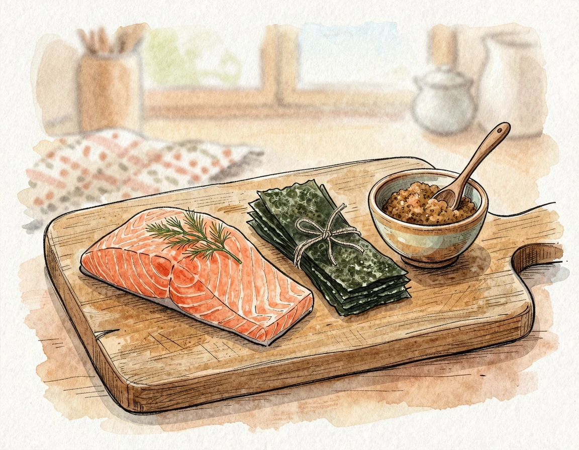 도마 위에 정갈하게 놓인 신선한 연어, 미역, 된장 재료