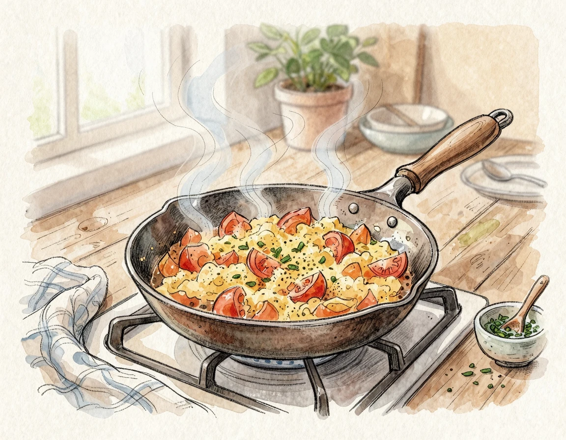 프라이팬에서 볶아지고 있는 토마토 계란 볶음 일러스트
