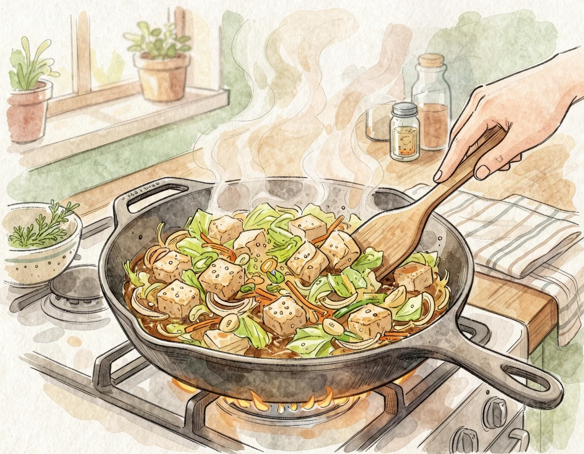 따뜻한 김이 모락모락 피어오르는 두부 양배추 볶음 일러스트