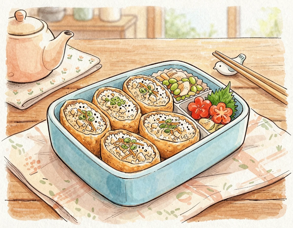 두부로 속을 꽉 채운 귀여운 유부초밥 도시락 일러스트