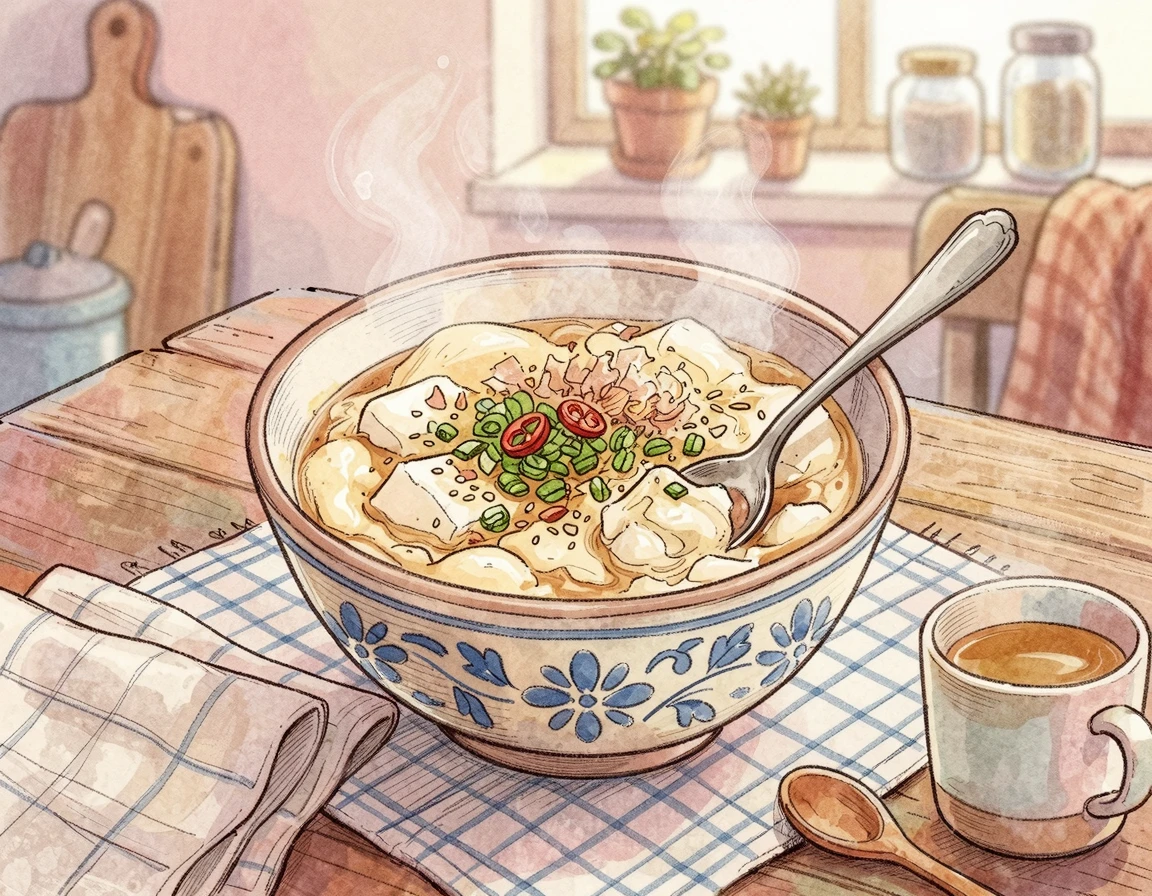 전자레인지로 갓 만든 따뜻하고 몽글몽글한 두부 계란찜 일러스트