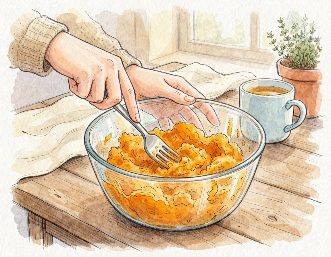 유리볼에 담긴 익은 단호박을 포크로 으깨는 모습 일러스트