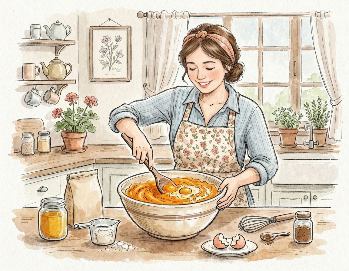 단호박, 계란, 아몬드가루를 볼에 넣고 섞는 반죽 과정 일러스트