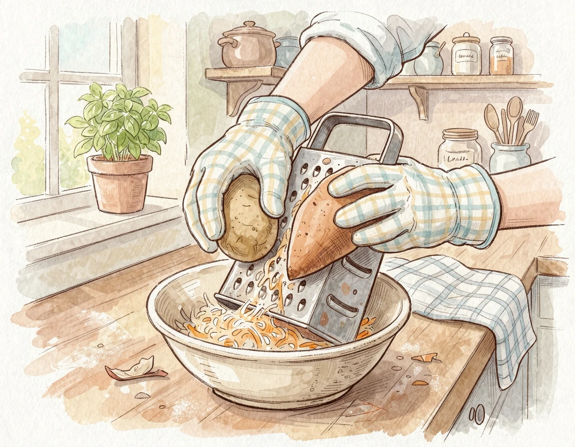 장갑을 끼고 마와 감자를 손질하는 모습