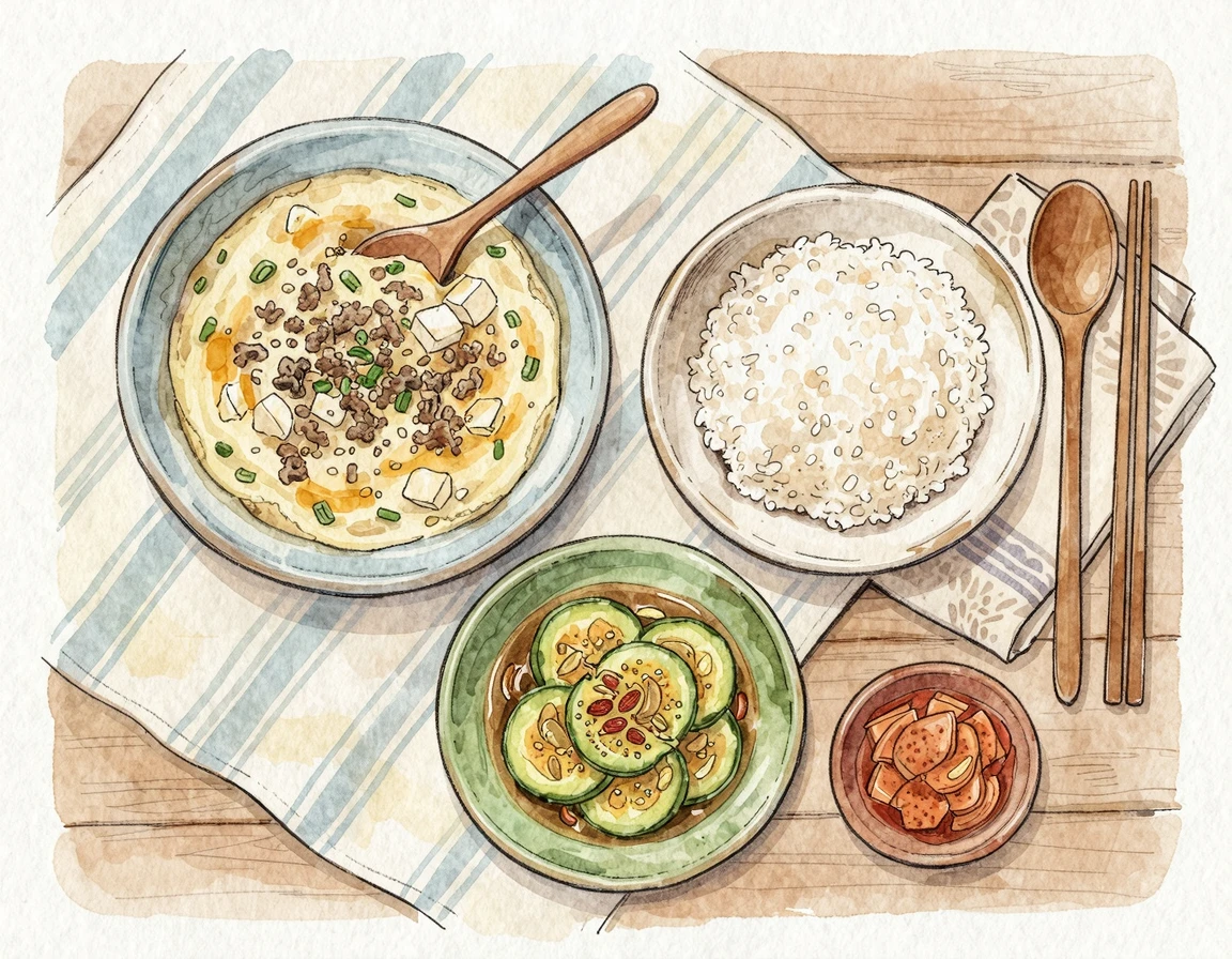 소고기 두부 계란찜과 애호박 볶음이 정갈하게 차려진 한식 밥상 일러스트