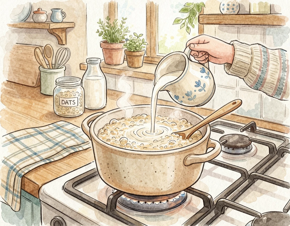 끓는 죽에 우유를 붓는 모습