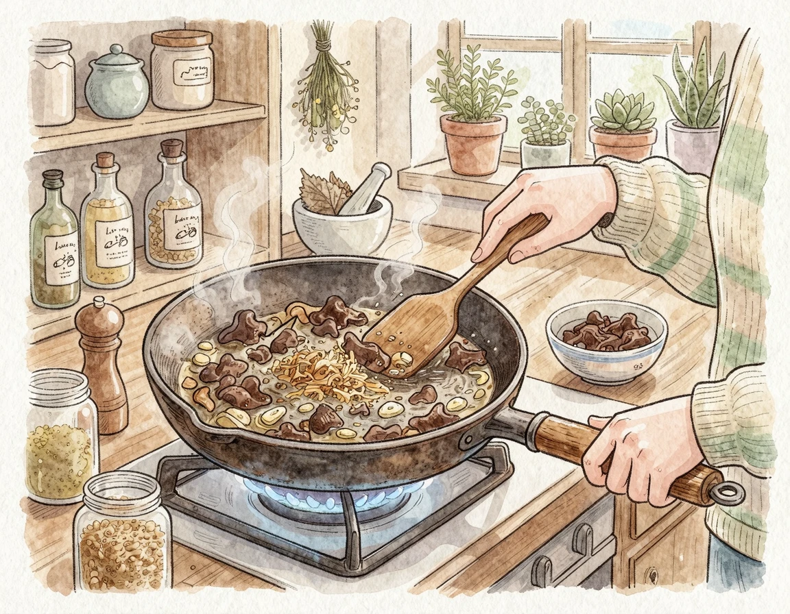 프라이팬에서 볶아지는 목이버섯 들깨 볶음