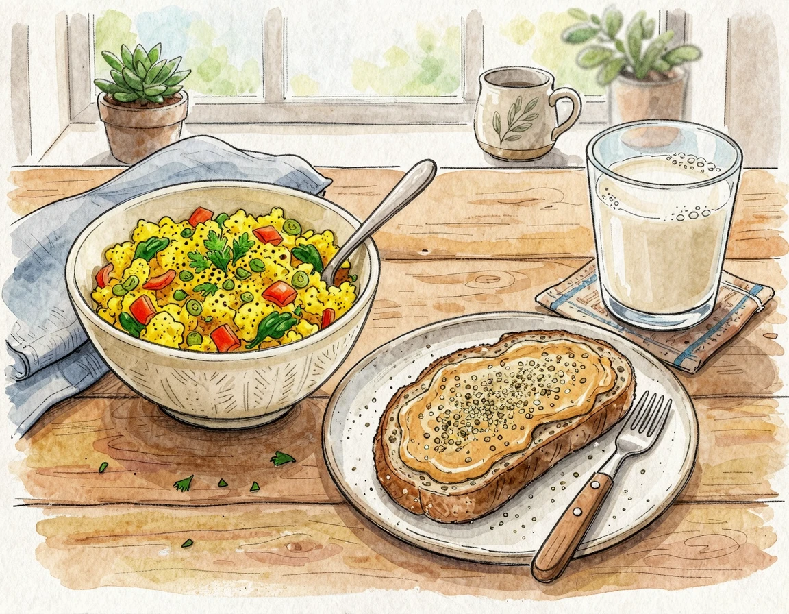 두부 스크램블과 고단백 두유, 통밀빵이 있는 비건 아침 식사